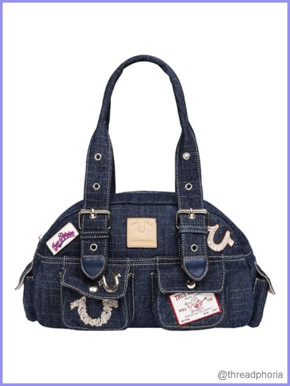 Denim Satchel Handbag Embroidered Horseshoes Logo Patches Zip Top Structured